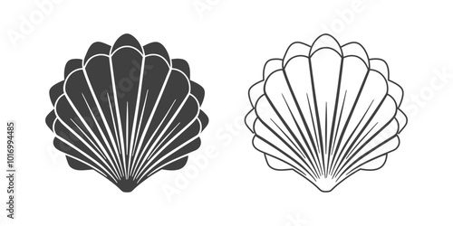 Scallop seashell logo. Isolated silhouette and contour drawing of a scallop on a white background. 
