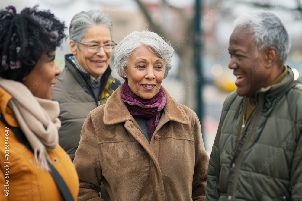 Group of happy senior people walking in the city. They are looking at camera and smiling. Group of happy senior people walking in the city. They are looking at camera and smiling.