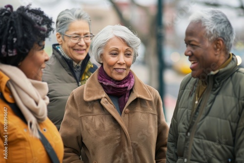 Group of happy senior people walking in the city. They are looking at camera and smiling.