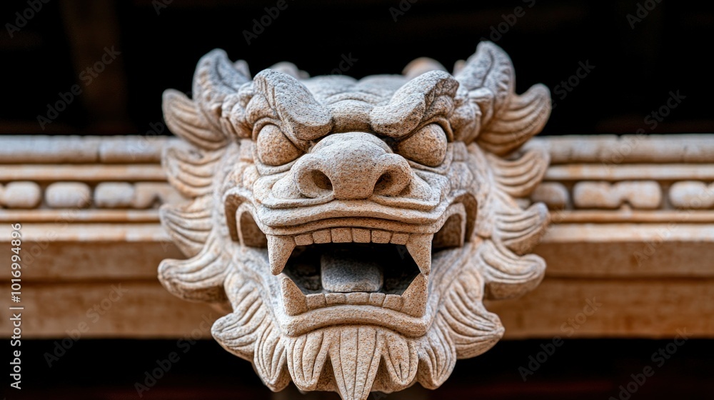 A detailed stone dragon head sculpture features fierce expressions, showcasing craftsmanship on traditional architecture during bright daylight, highlighting cultural artistry A detailed stone dragon head sculpture features fierce expressions, showcasing craftsmanship on traditional architecture during bright daylight, highlighting cultural artistry