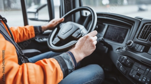 The driver, dressed in a bright orange jacket, focuses on steering the truck carefully through busy city traffic, demonstrating heightened alertness and road awareness photo