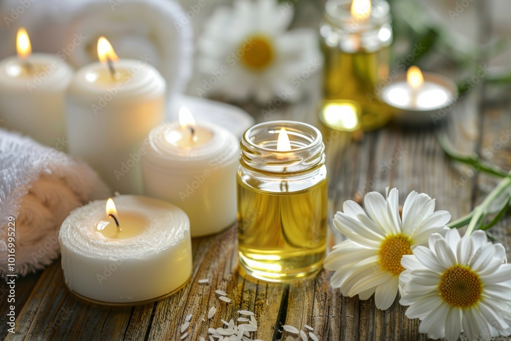 Relaxing spa ambiance with aromatic candles and fresh daisies Relaxing spa ambiance with aromatic candles and fresh daisies