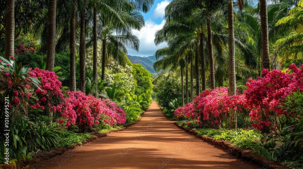 Vibrant Pathway Through Tropical Garden Landscape Vibrant Pathway Through Tropical Garden Landscape