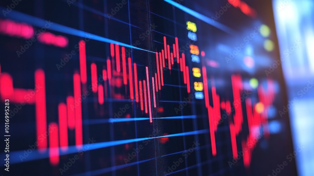 A candlestick chart showcases fluctuating stock market trends, with sharp peaks and valleys indicating market volatility during the trading hours A candlestick chart showcases fluctuating stock market trends, with sharp peaks and valleys indicating market volatility during the trading hours