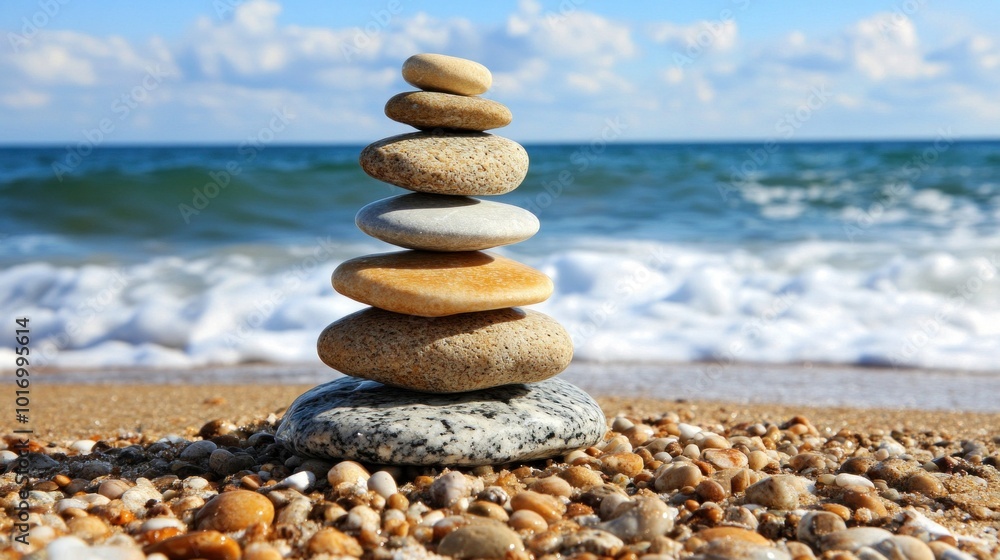 A carefully arranged stack of smooth pebbles sits on a sandy beach, with gentle ocean waves lapping nearby. The bright sky adds a serene backdrop to the tranquil scene A carefully arranged stack of smooth pebbles sits on a sandy beach, with gentle ocean waves lapping nearby. The bright sky adds a serene backdrop to the tranquil scene