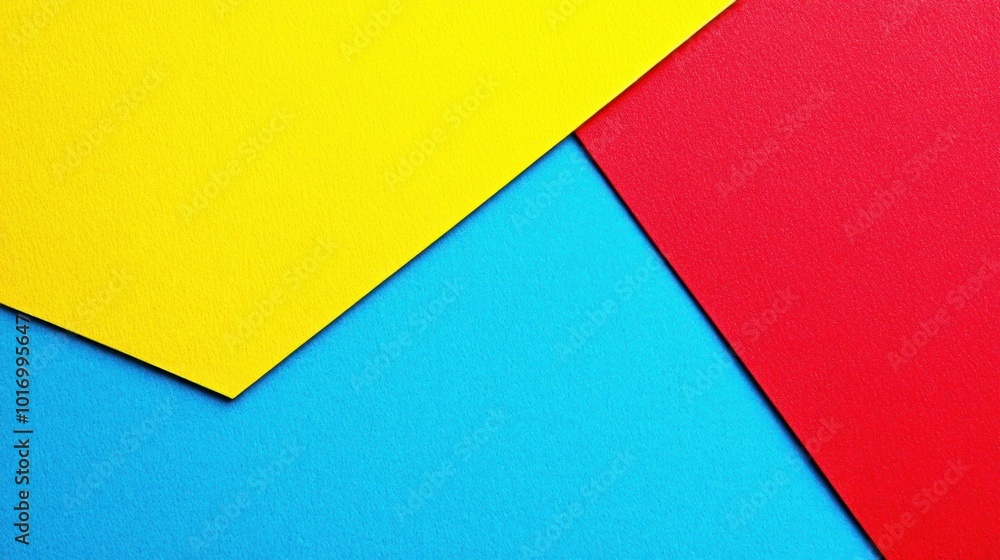 Vibrant sheets of yellow, blue, and red paper are artistically layered and angled against a flat surface, creating a lively and modern composition often used in design projects or crafts Vibrant sheets of yellow, blue, and red paper are artistically layered and angled against a flat surface, creating a lively and modern composition often used in design projects or crafts
