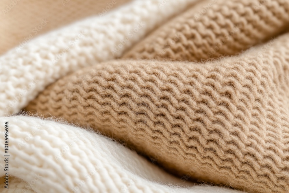 A macro shot showcasing beige and white woolen knitted fabrics, emphasizing the texture and craftsmanship A macro shot showcasing beige and white woolen knitted fabrics, emphasizing the texture and craftsmanship