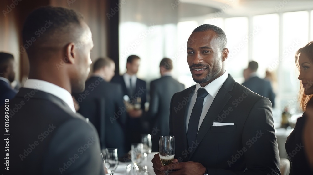A group of well-dressed professionals mingles in a sophisticated environment, where two men converse while holding drinks, showcasing a lively corporate atmosphere A group of well-dressed professionals mingles in a sophisticated environment, where two men converse while holding drinks, showcasing a lively corporate atmosphere