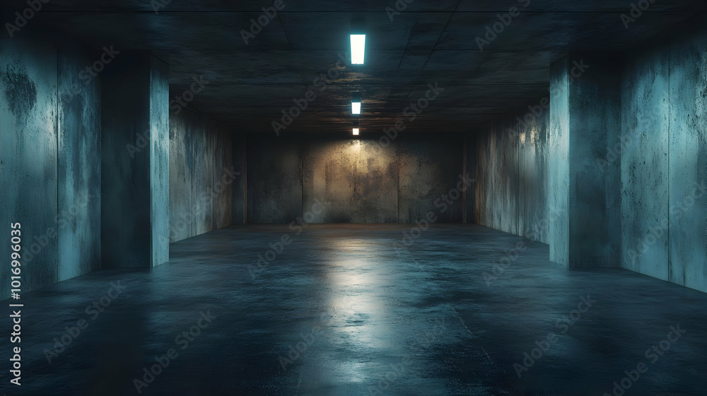 Dark Empty Concrete Room with Fluorescent Lights 3D Illustration