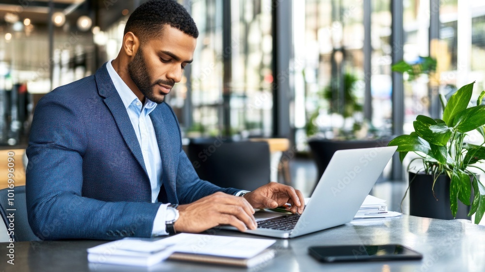 A young man is engaged in work on his laptop at a stylish cafГ©, surrounded by modern decor and greenery, while concentrating on his tasks A young man is engaged in work on his laptop at a stylish cafГ©, surrounded by modern decor and greenery, while concentrating on his tasks