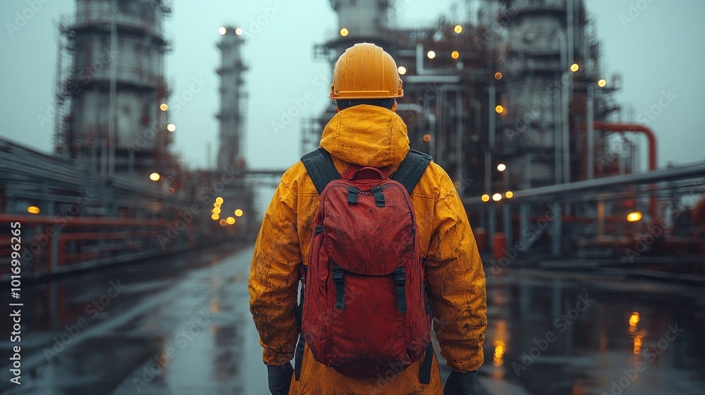 A worker wearing a yellow raincoat and helmet stands with a red backpack, gazing at a large oil refinery in the background, as rain falls and creates a reflective surface on the ground A worker wearing a yellow raincoat and helmet stands with a red backpack, gazing at a large oil refinery in the background, as rain falls and creates a reflective surface on the ground