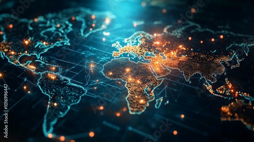 A Digital Representation of the World with Illuminated Continents and Interconnected Lines