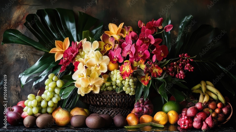 Vibrant Arrangement of Fruits and Flowers Display Vibrant Arrangement of Fruits and Flowers Display
