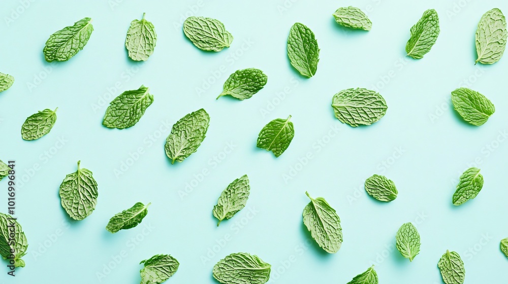 Mint leaves scattered like confetti, isolated on a pale sky blue background Mint leaves scattered like confetti, isolated on a pale sky blue background