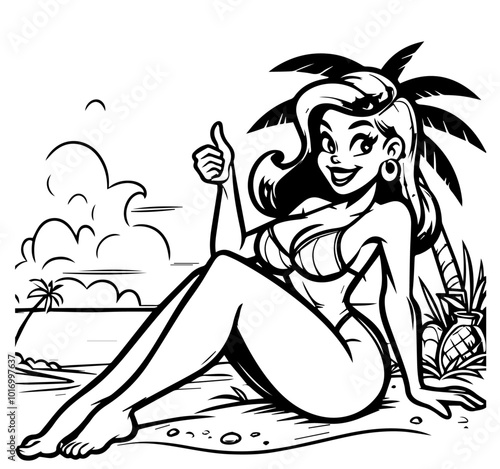 playful pin-up girl at the seaside in retro cartoon style black vector