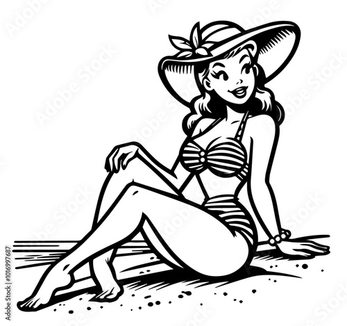 cartoon pin-up girl with beach towel and retro swimsuit black vector