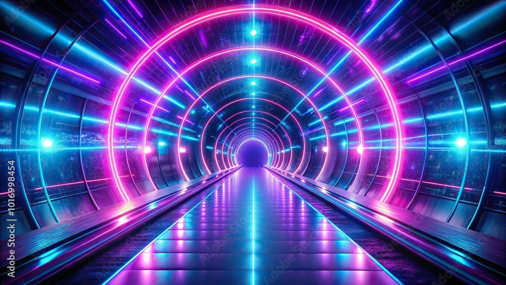 Abstract neon lit tunnel with purple and blue glowing laser beam lights Abstract neon lit tunnel with purple and blue glowing laser beam lights
