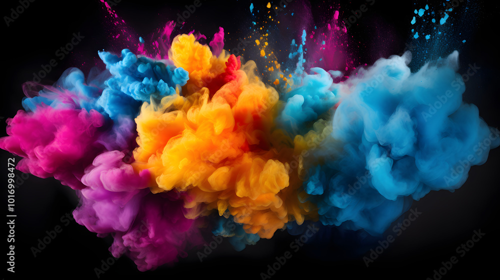 Vivid Color Burst: Dynamic Clouds of Pigments on Black Background Vivid Color Burst: Dynamic Clouds of Pigments on Black Background