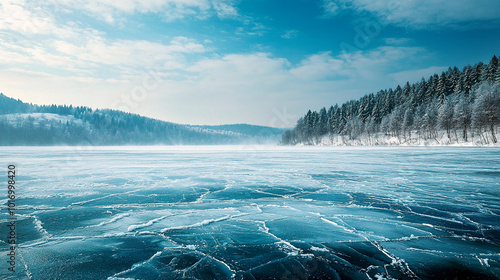 Fototapeta Naklejka Na Ścianę i Meble -  Blue ice with cracks on the surface of the ice. Frozen lake under a blue sky in the winter, pine trees in the background