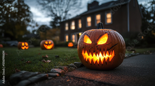 A photo of an ominous jack-o'-lantern with glowing eyes and sharp teeth, sitting on the lawn in front of a house at dusk