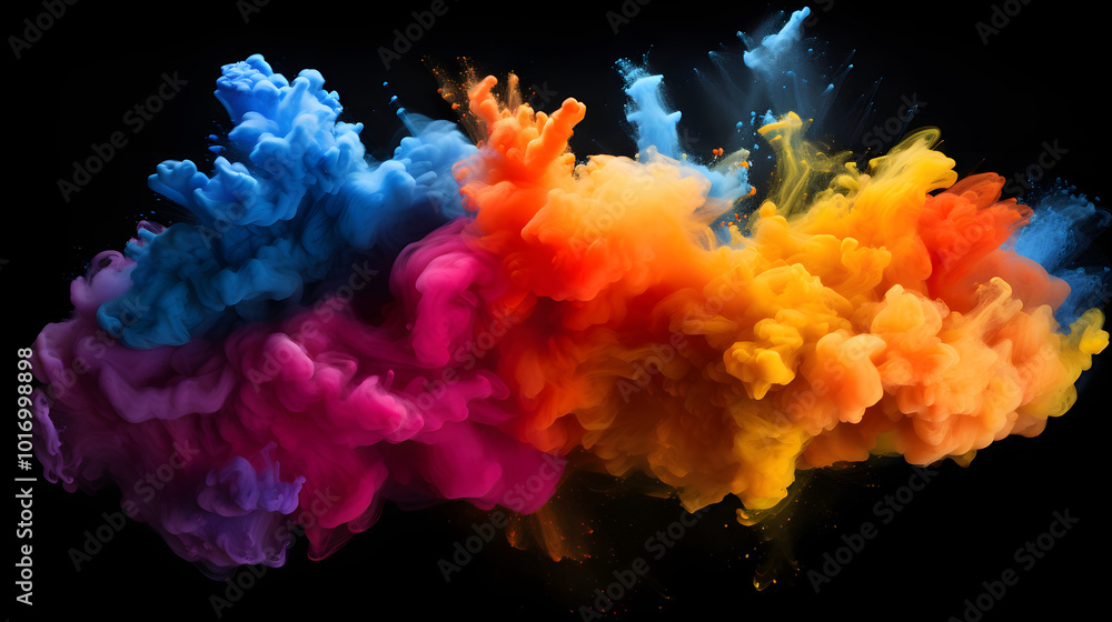 Vivid Color Burst: Dynamic Clouds of Pigments on Black Background Vivid Color Burst: Dynamic Clouds of Pigments on Black Background