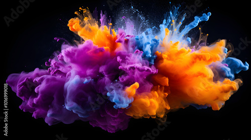 Vivid Color Burst: Dynamic Clouds of Pigments on Black Background