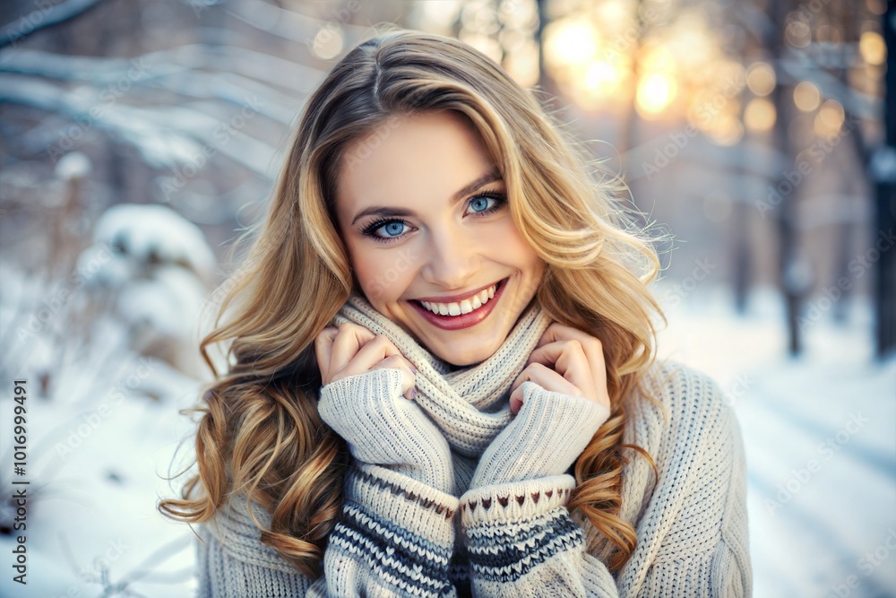 Smiling blonde woman in sweater in snowy forest Smiling blonde woman in sweater in snowy forest