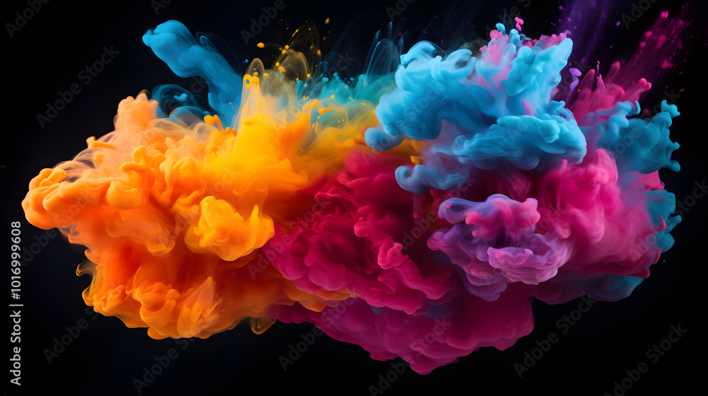 Spectacular Color Explosion: Vivid Clouds of Pigments Against Black Background Spectacular Color Explosion: Vivid Clouds of Pigments Against Black Background