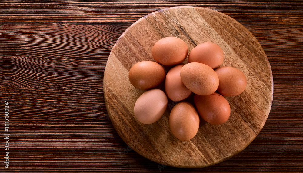 chicken egg on a wooden cutting board, isolated against a wooden background chicken egg on a wooden cutting board, isolated against a wooden background