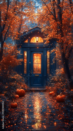 close up, beautiful wooden autumn entrance into house, beautiful nature photo