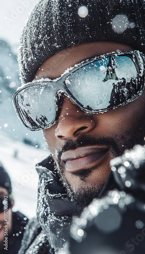 black man wearing a ski suit in the alps with friends photo