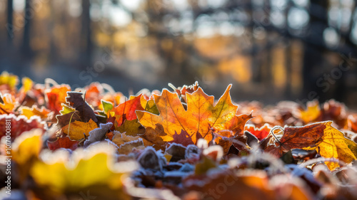 Frost-covered autumn leaves in the early morning, illuminated by sunlight in a cold and serene atmosphere. photo