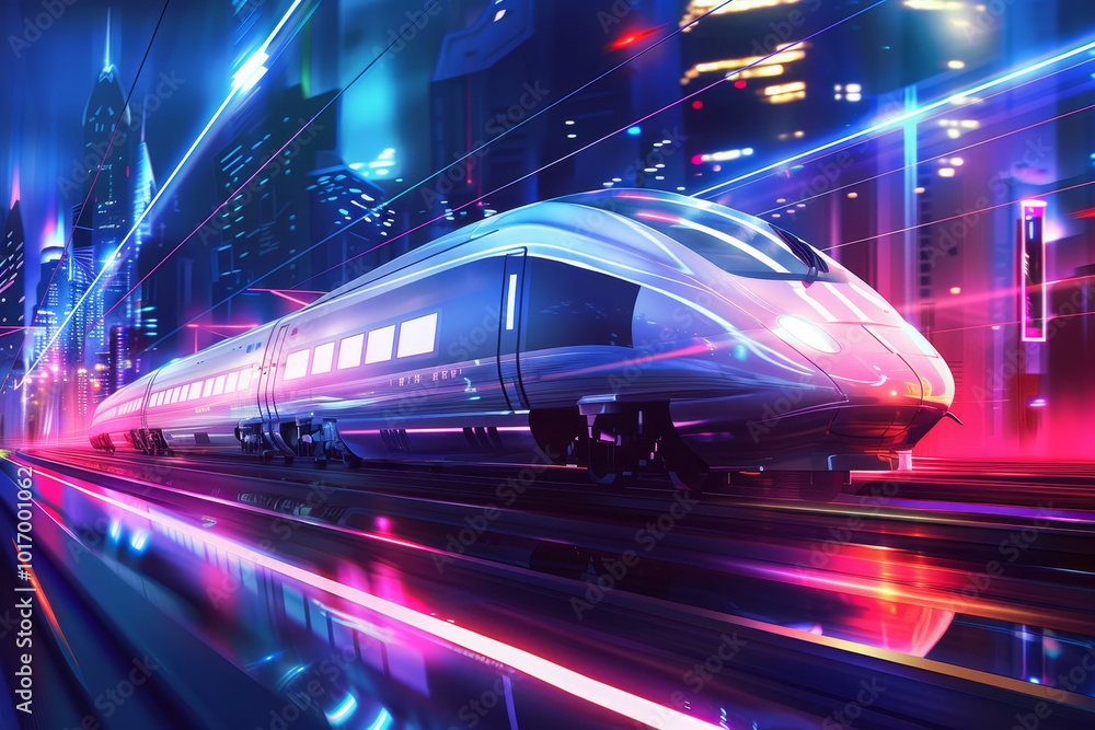 A train is traveling down a track in a city at night A train is traveling down a track in a city at night