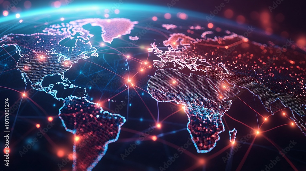 A Stylized Digital World Map with Interconnected Red Lines and Glowing Points A Stylized Digital World Map with Interconnected Red Lines and Glowing Points