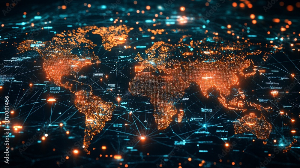 A Digital World Map with Interconnected Nodes A Digital World Map with Interconnected Nodes