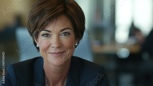 Smiling businesswoman sitting in front of a computer in a modern office, surrounded by greenery, creating a pleasant and productive work atmosphere.