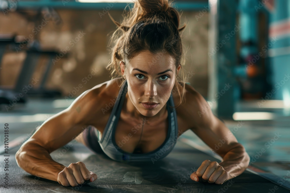 A woman is doing a push up on a mat A woman is doing a push up on a mat