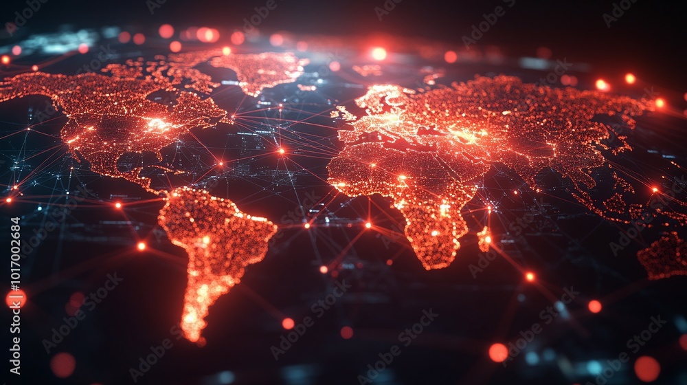 Global Network of Interconnected Red Lights on a Dark World Map Global Network of Interconnected Red Lights on a Dark World Map