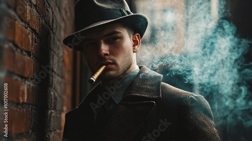 handsome man wearing a 1930's suit with a dark trench coat and hat smoking a cigar with eyes covered in shadows photo