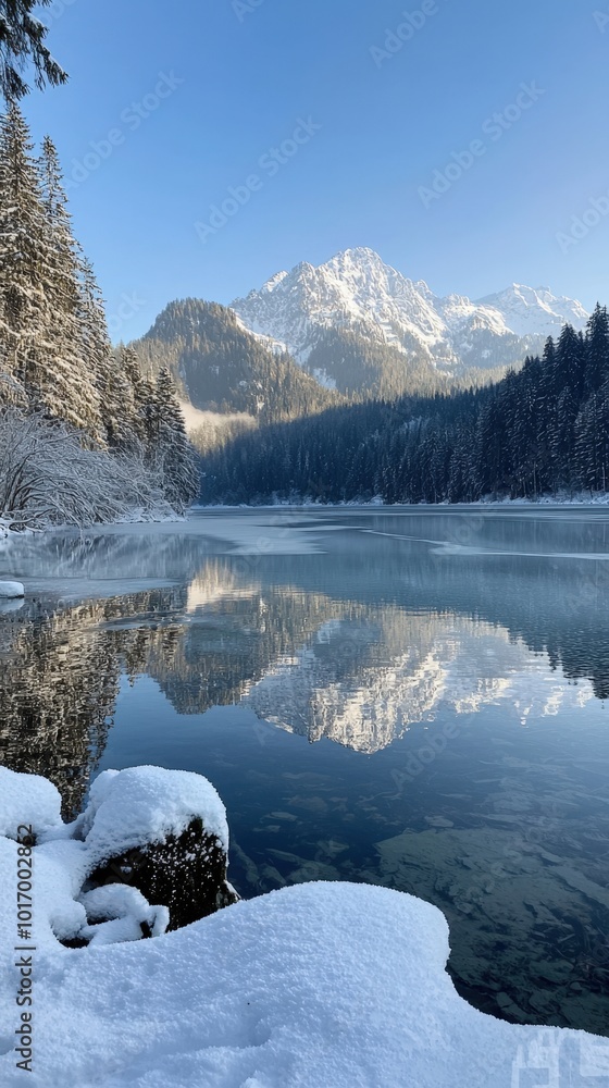 Fototapeta premium Tranquil winter morning by the serene lake reflecting majestic mountains under a clear sky