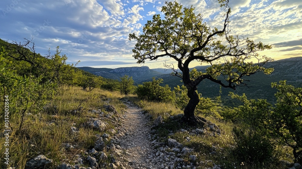 Serene evening light illuminating a rocky trail with an oak tree in a peaceful valley Serene evening light illuminating a rocky trail with an oak tree in a peaceful valley