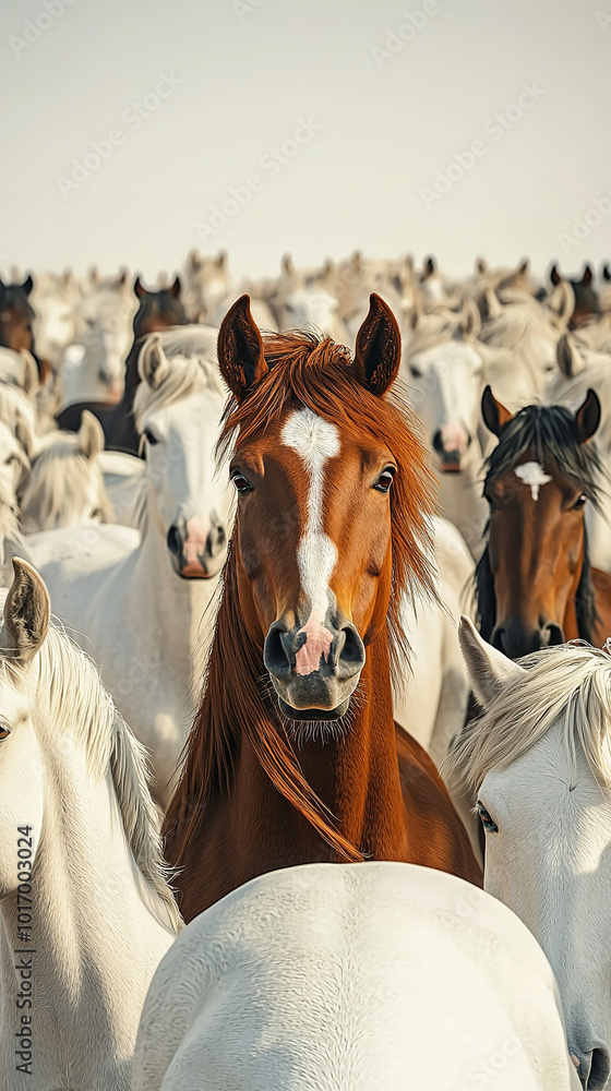 one brown horse abomg herd of white horses