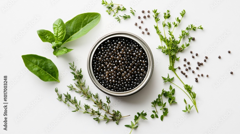 Elegant caviar tin surrounded by fresh herbs, isolated on a matte white background with delicate light Elegant caviar tin surrounded by fresh herbs, isolated on a matte white background with delicate light