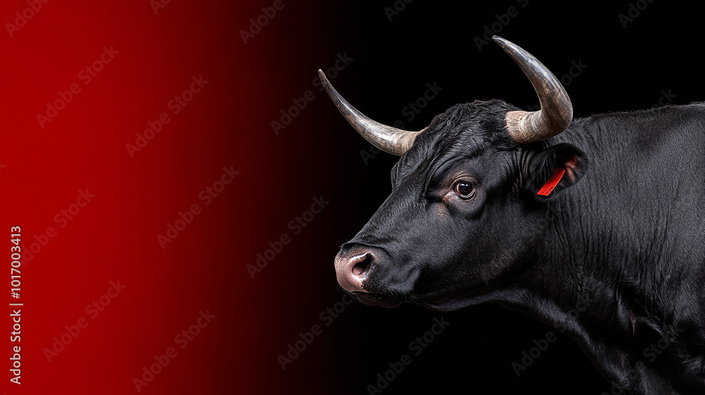 Profile of a spanish black Fighting Bull, full body. Red background Profile of a spanish black Fighting Bull, full body. Red background
