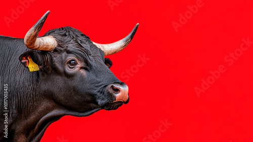 Profile of a spanish black Fighting Bull, full body. Red background photo