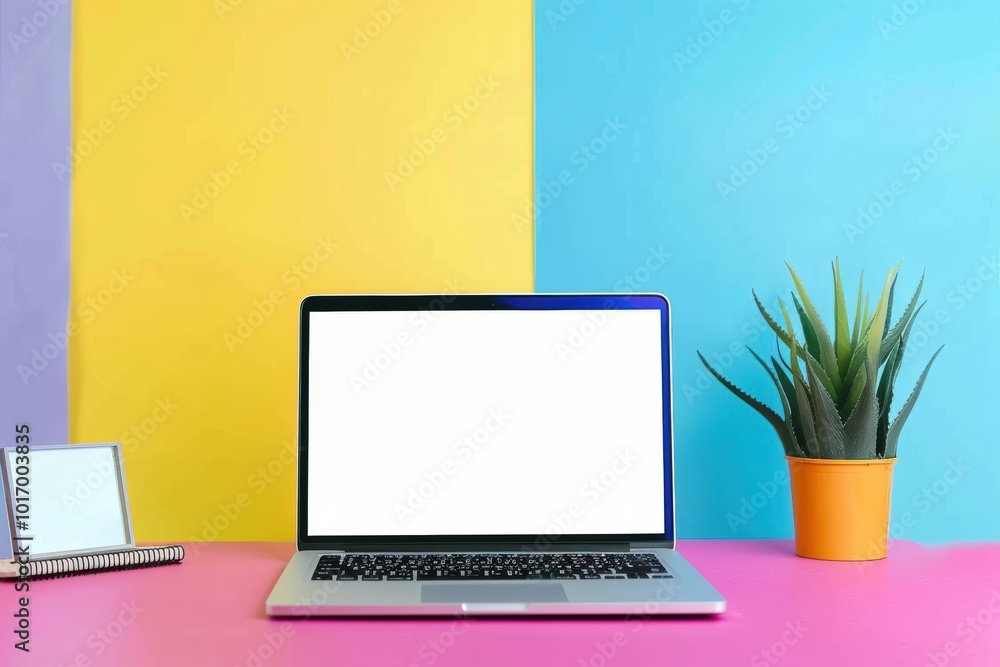 Fototapeta premium Blank laptop screen in colorful modern workspace, minimal design, ideal for graphic use