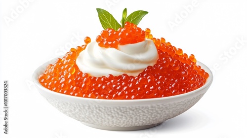 Red caviar served with a dollop of sour cream, isolated on a pure white background with intricate garnish photo