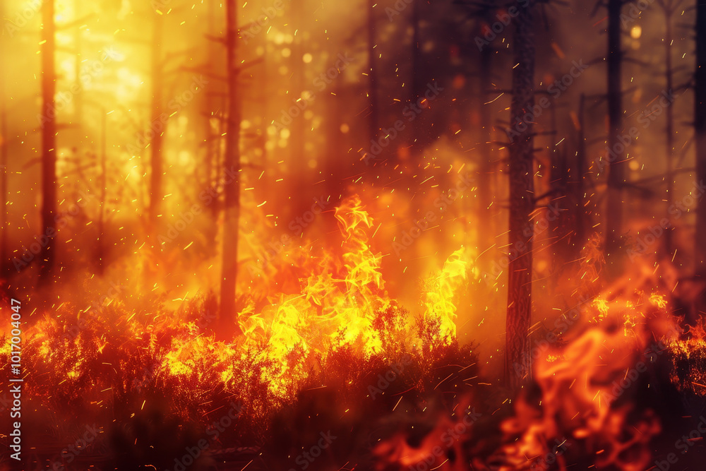 A forest fire is raging through a wooded area A forest fire is raging through a wooded area