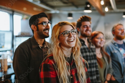 Group of young business people in a meeting in a coffee shop.