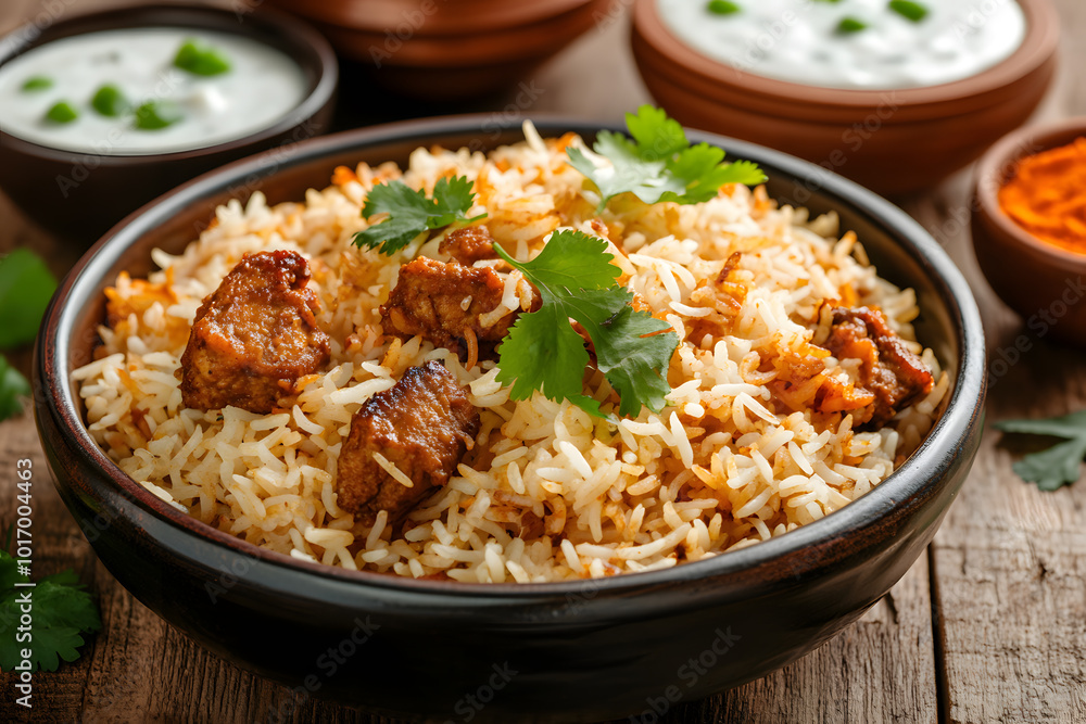 Biryani on a Plate Garnished with Cilantro | Flavourful and Aromatic Indian Rice Dish Served Fresh Biryani on a Plate Garnished with Cilantro | Flavourful and Aromatic Indian Rice Dish Served Fresh